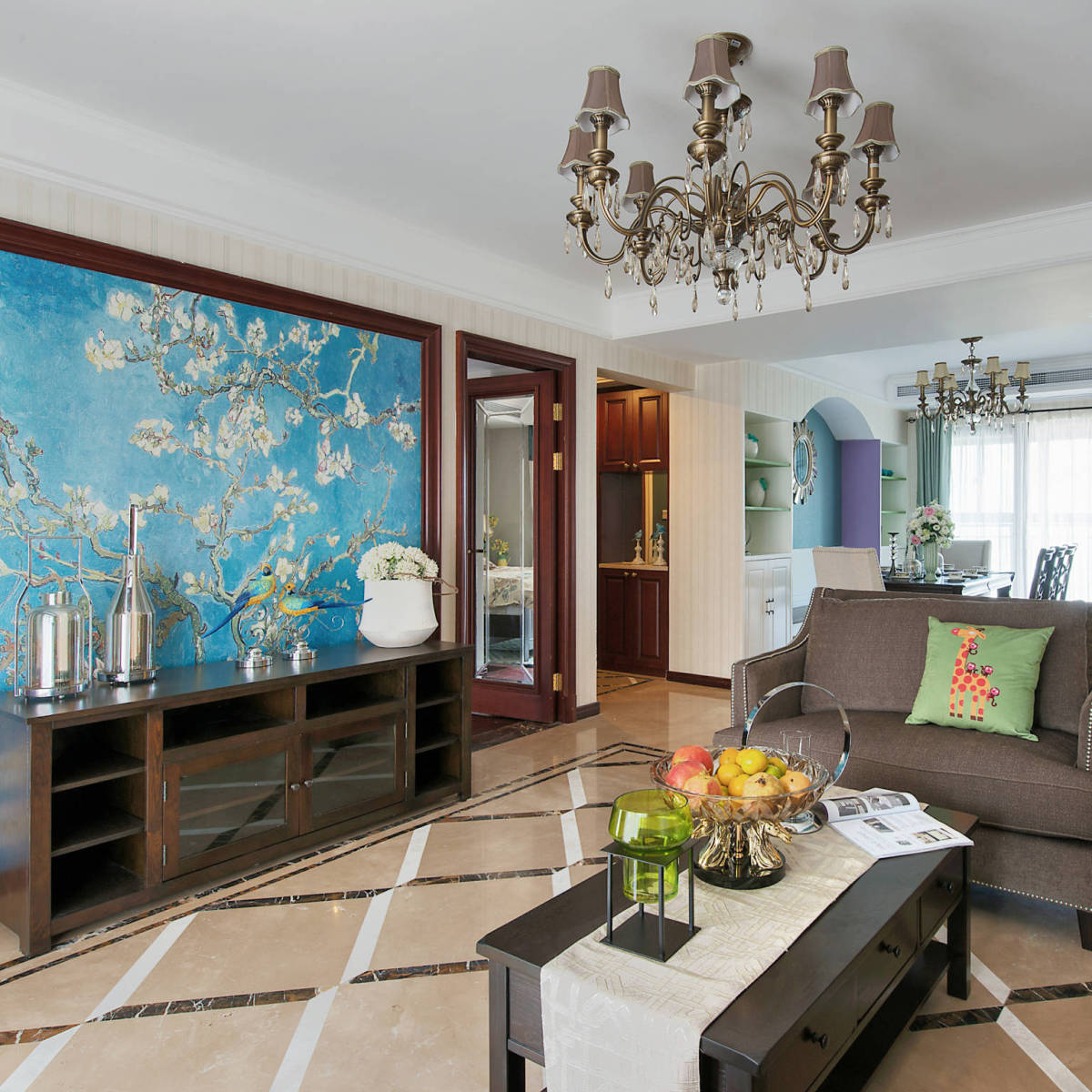 美式 白色 蓝色 壁纸 客厅图片来自tukumajia在167方美式五居的分享