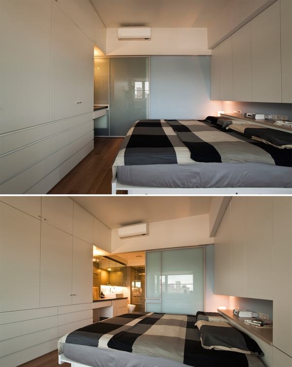 以烤漆玻璃拉门作为主卧卫浴介面,突破原本封闭的格局,为单一功能空间