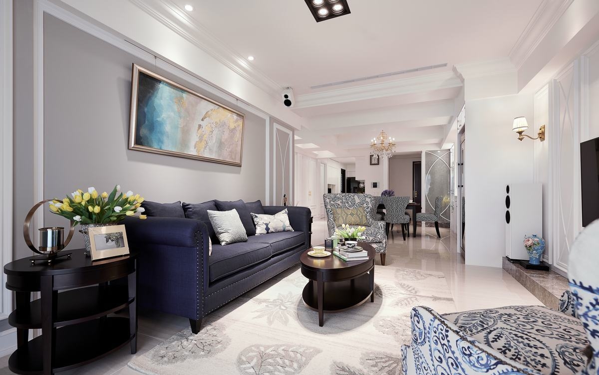 女主人非常喜欢宝蓝色,因此在空间的色彩计画上,客厅,我们运用了喷漆